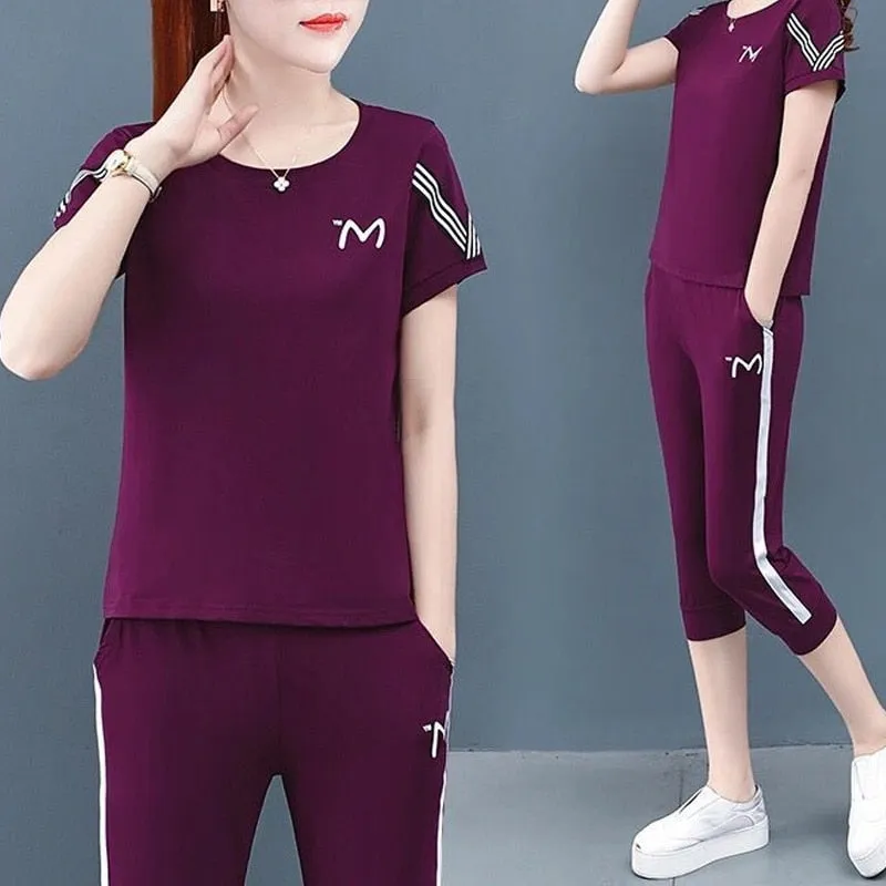 2 Pcs Women's Short Sleeve Letter/Number Pants Set S 387270