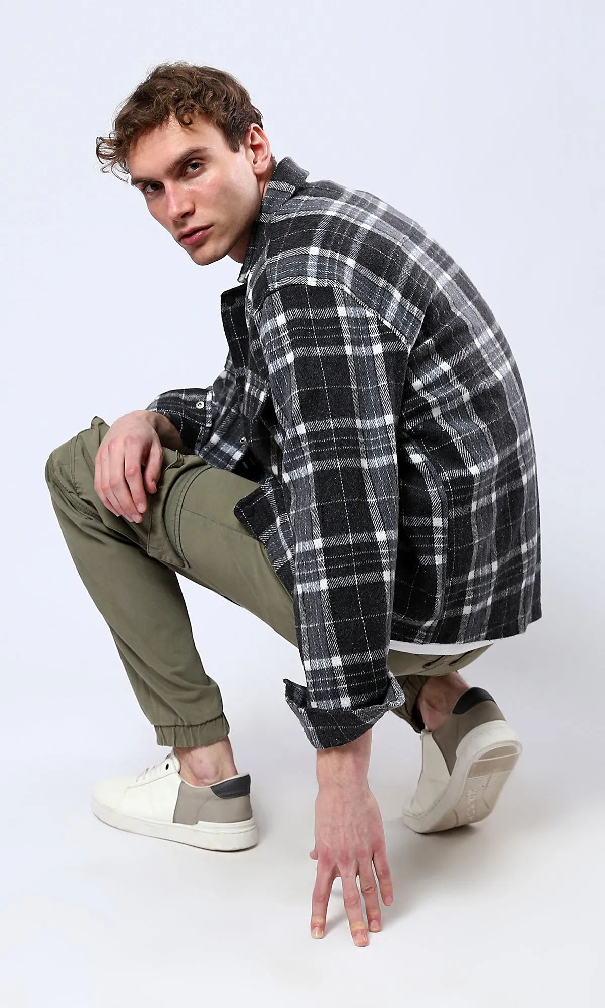 O177985 Black & White Tartan Casual Winter Shirt