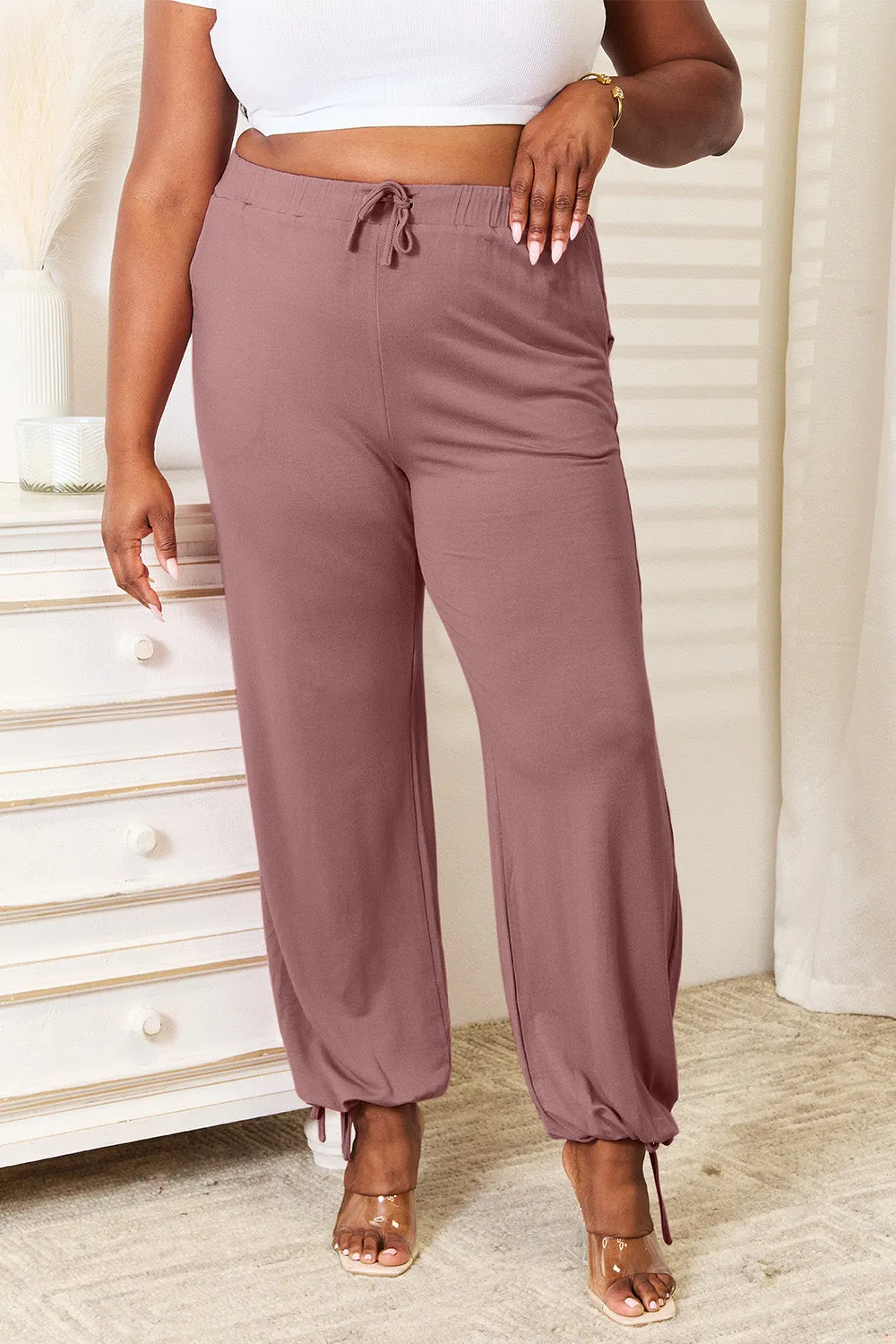 Basic Bae:  Full Size Soft Rayon Drawstring Waist Pants with Pockets