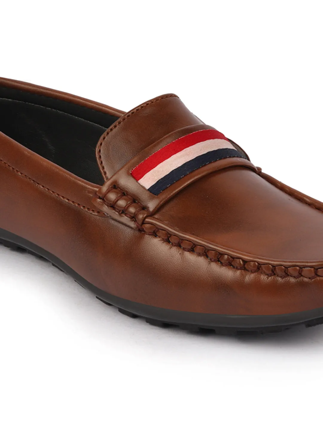 Basics Men Brown Colored Stripe Design Side Stitched Casual Slip On Loafers and Moccasin Shoes