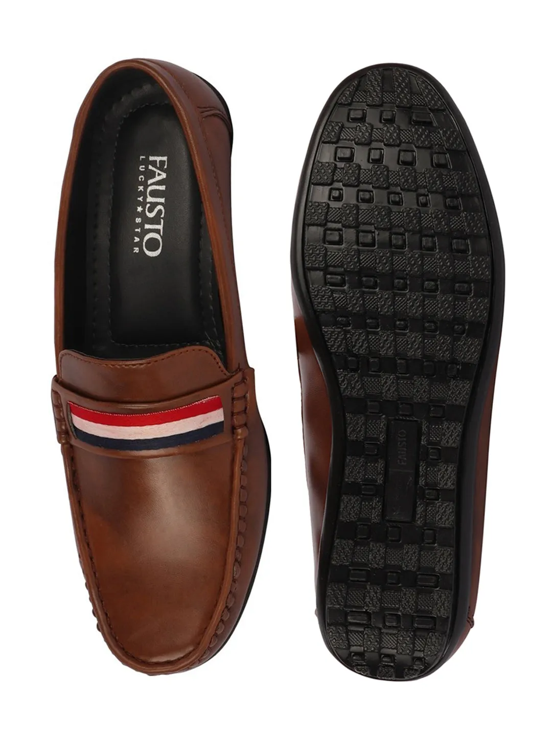 Basics Men Brown Colored Stripe Design Side Stitched Casual Slip On Loafers and Moccasin Shoes