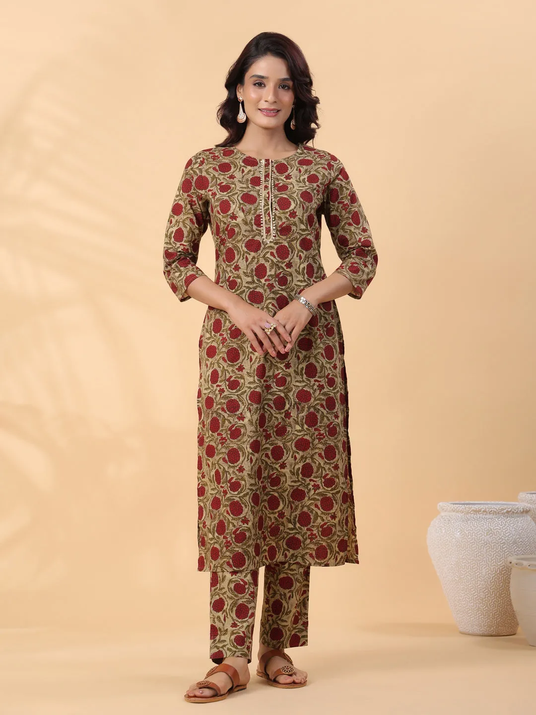 Beige Cotton Floral Straight Kurta Set