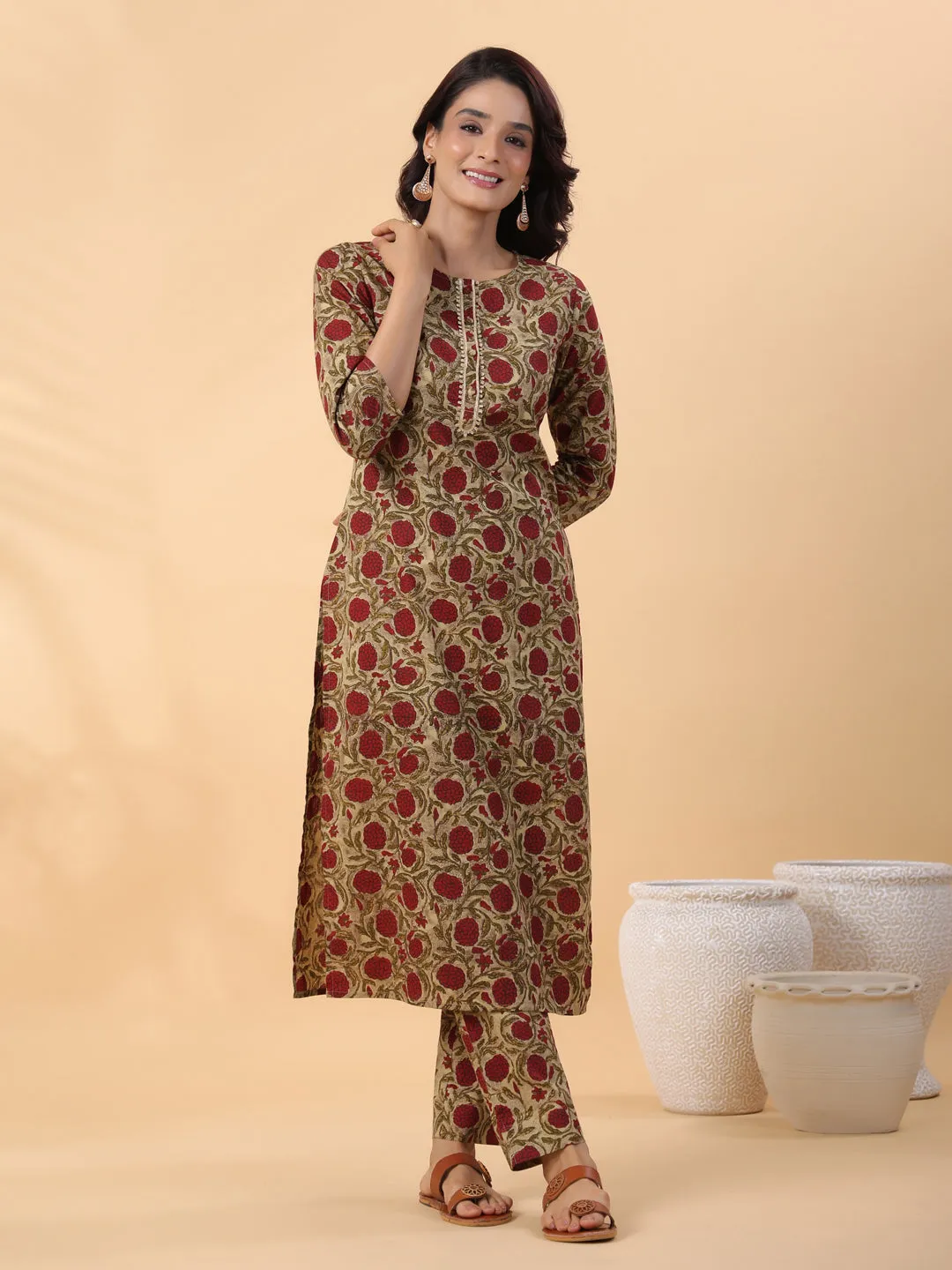 Beige Cotton Floral Straight Kurta Set