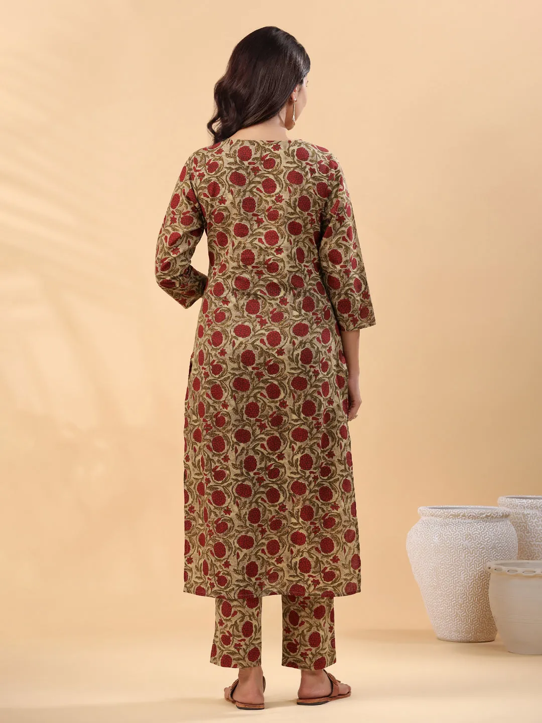 Beige Cotton Floral Straight Kurta Set