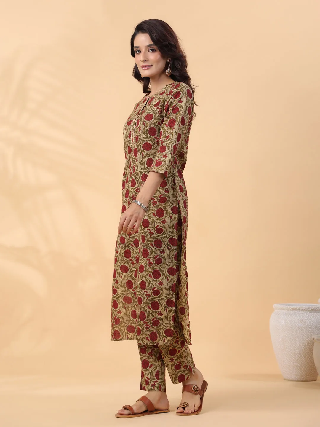 Beige Cotton Floral Straight Kurta Set