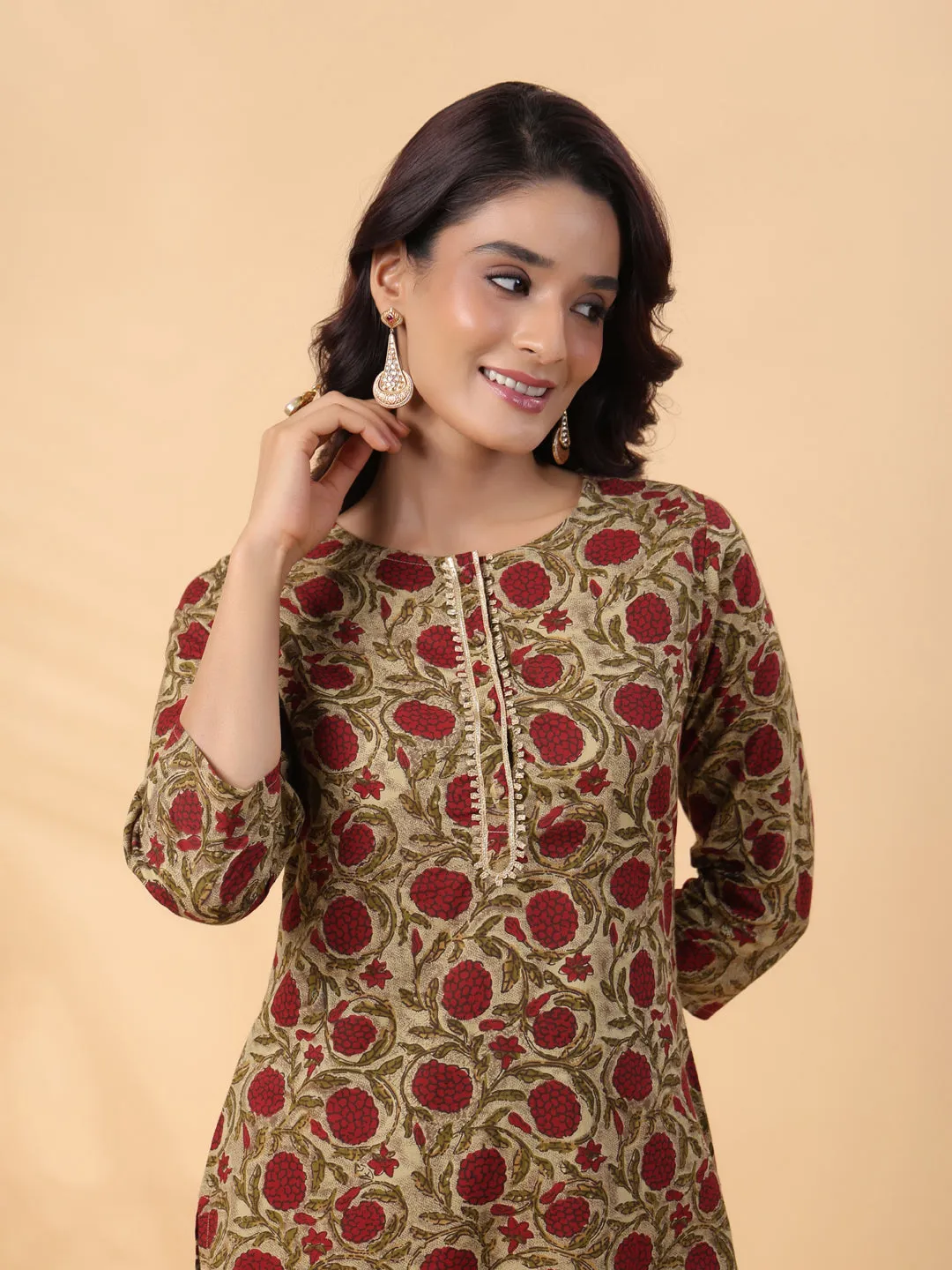 Beige Cotton Floral Straight Kurta Set