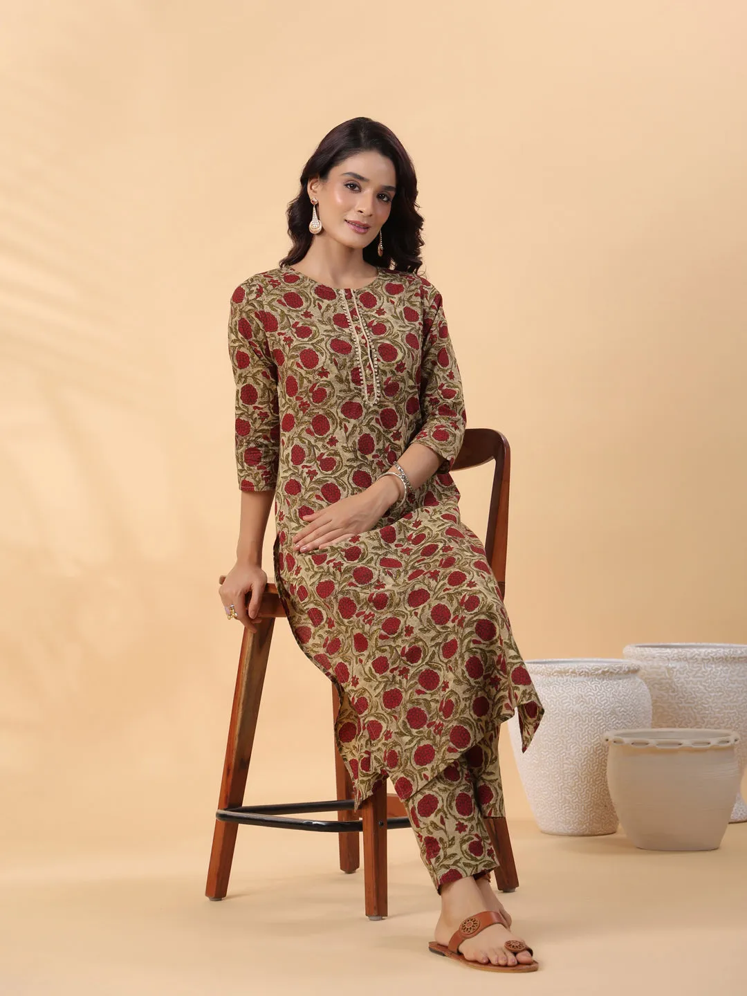 Beige Cotton Floral Straight Kurta Set