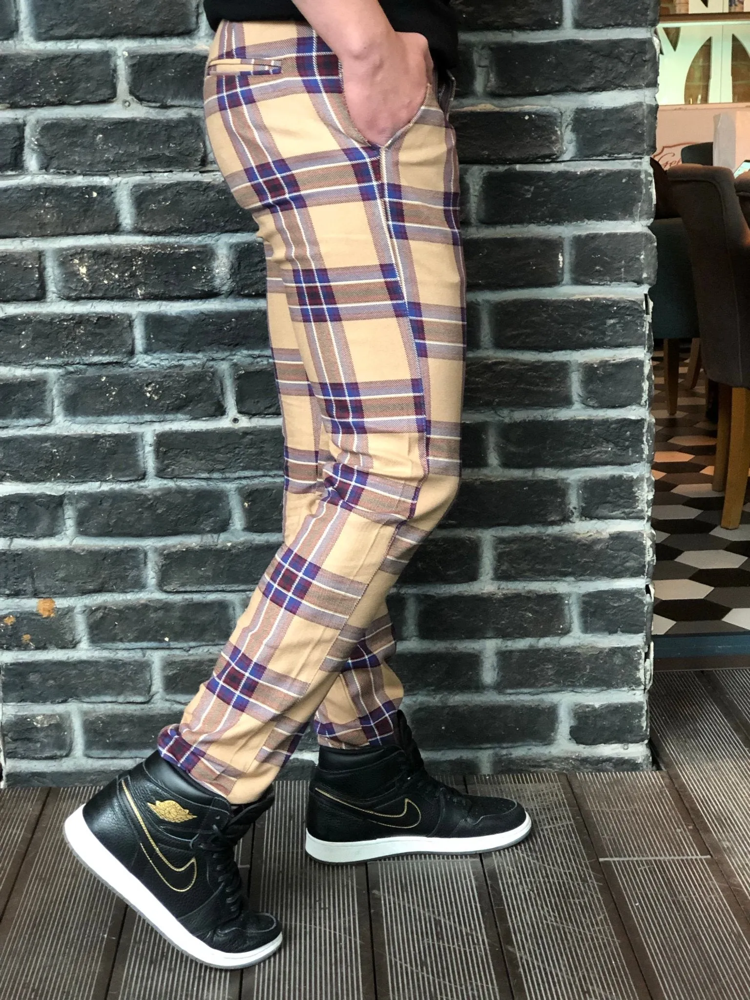 Beige Mixed Colour Checkered Slim Fit Casual Pant DJ126 Streetwear Pant