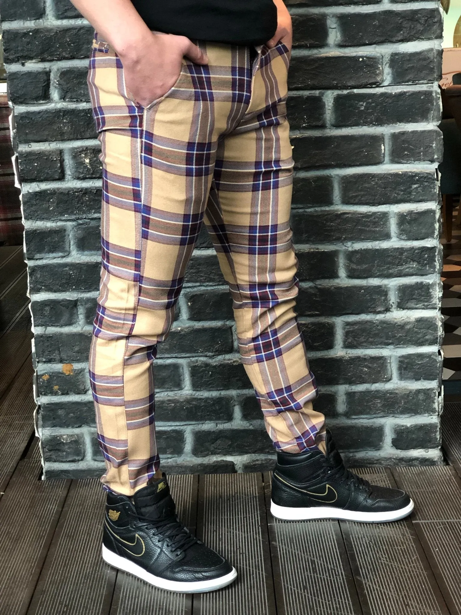 Beige Mixed Colour Checkered Slim Fit Casual Pant DJ126 Streetwear Pant