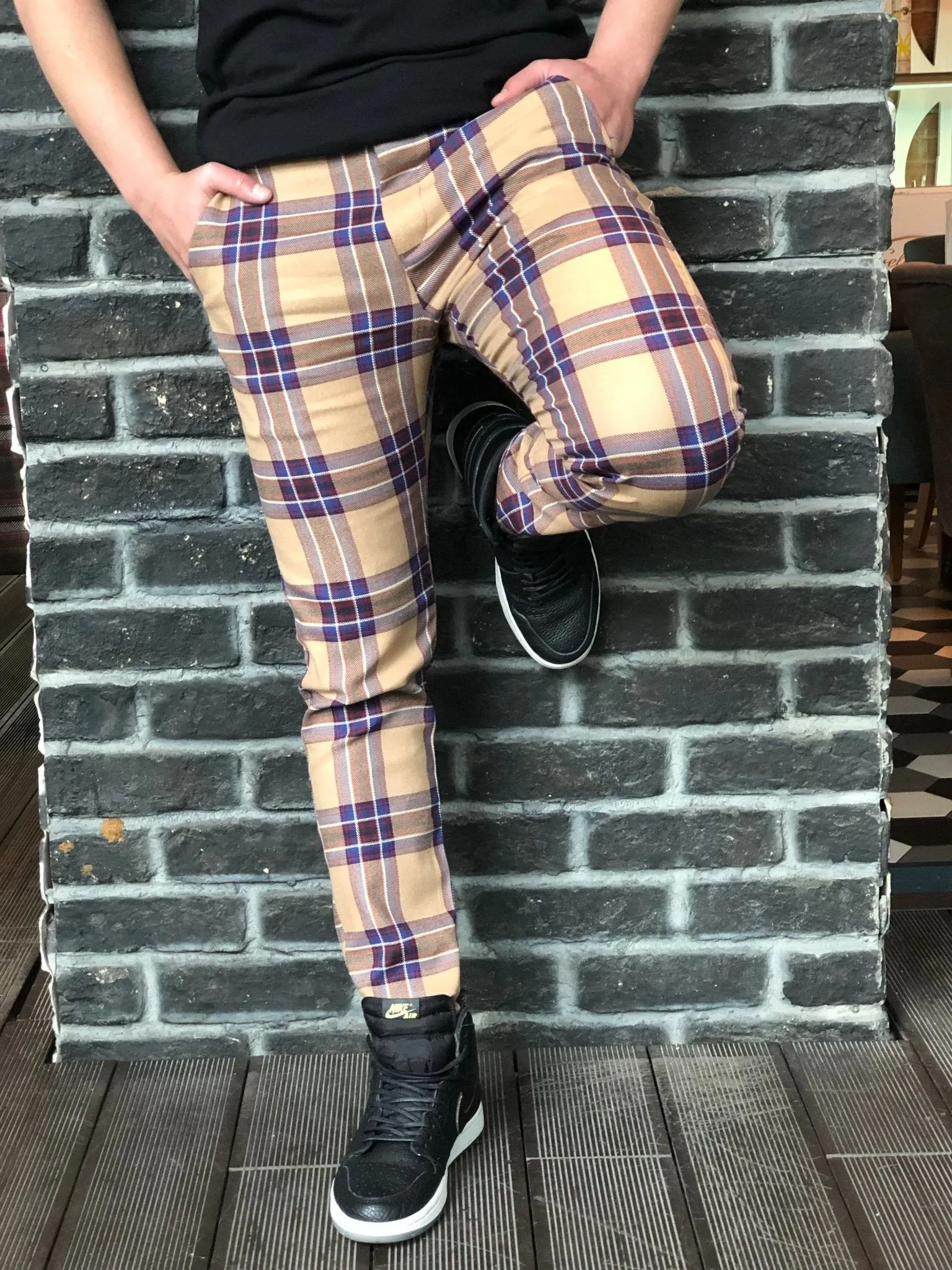 Beige Mixed Colour Checkered Slim Fit Casual Pant DJ126 Streetwear Pant