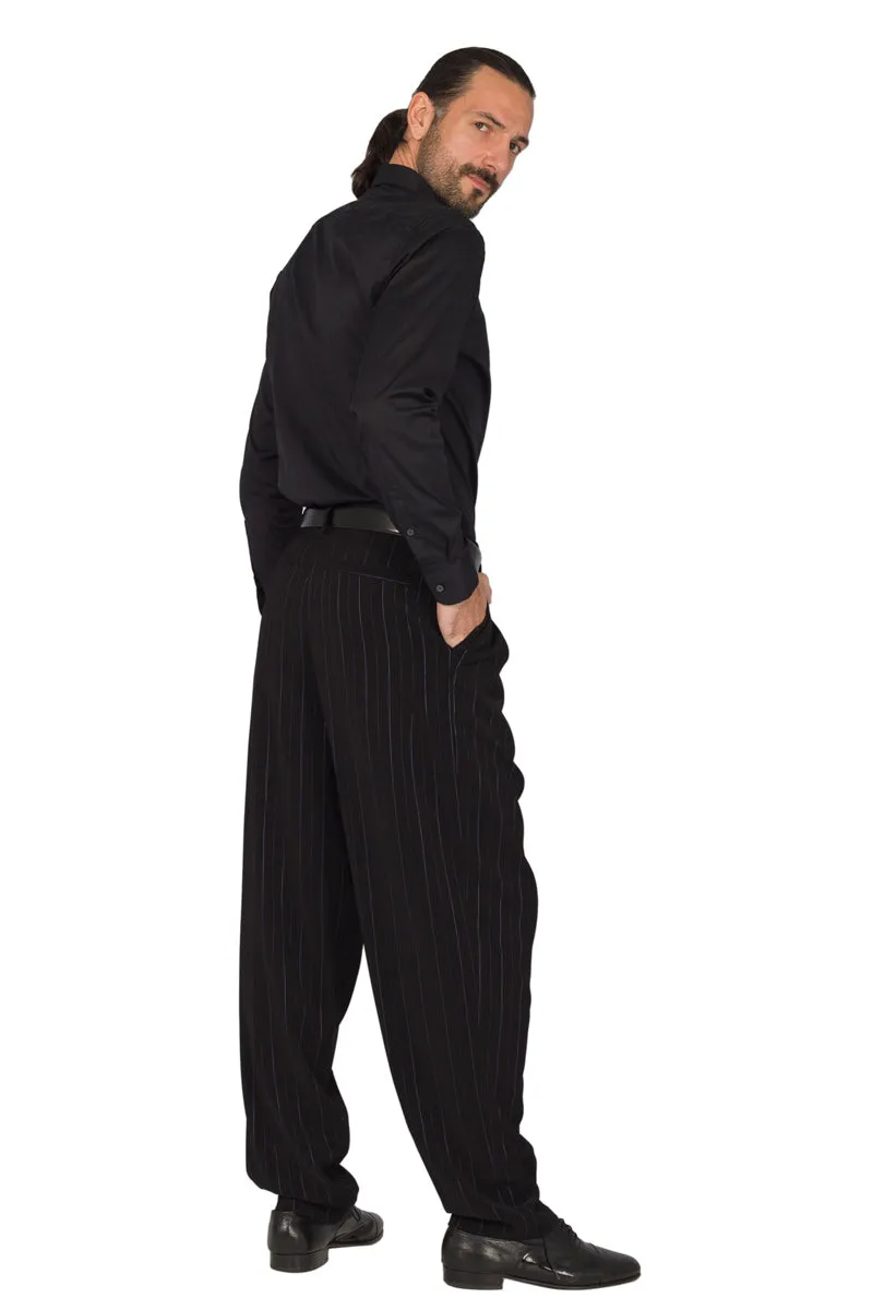 Tapered Black Striped Tango Pants With Two Inverted Pleats