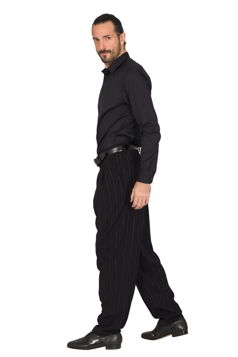 Tapered Black Striped Tango Pants With Two Inverted Pleats