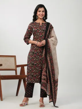 Black Cotton Floral Printed Straight Kurta Set