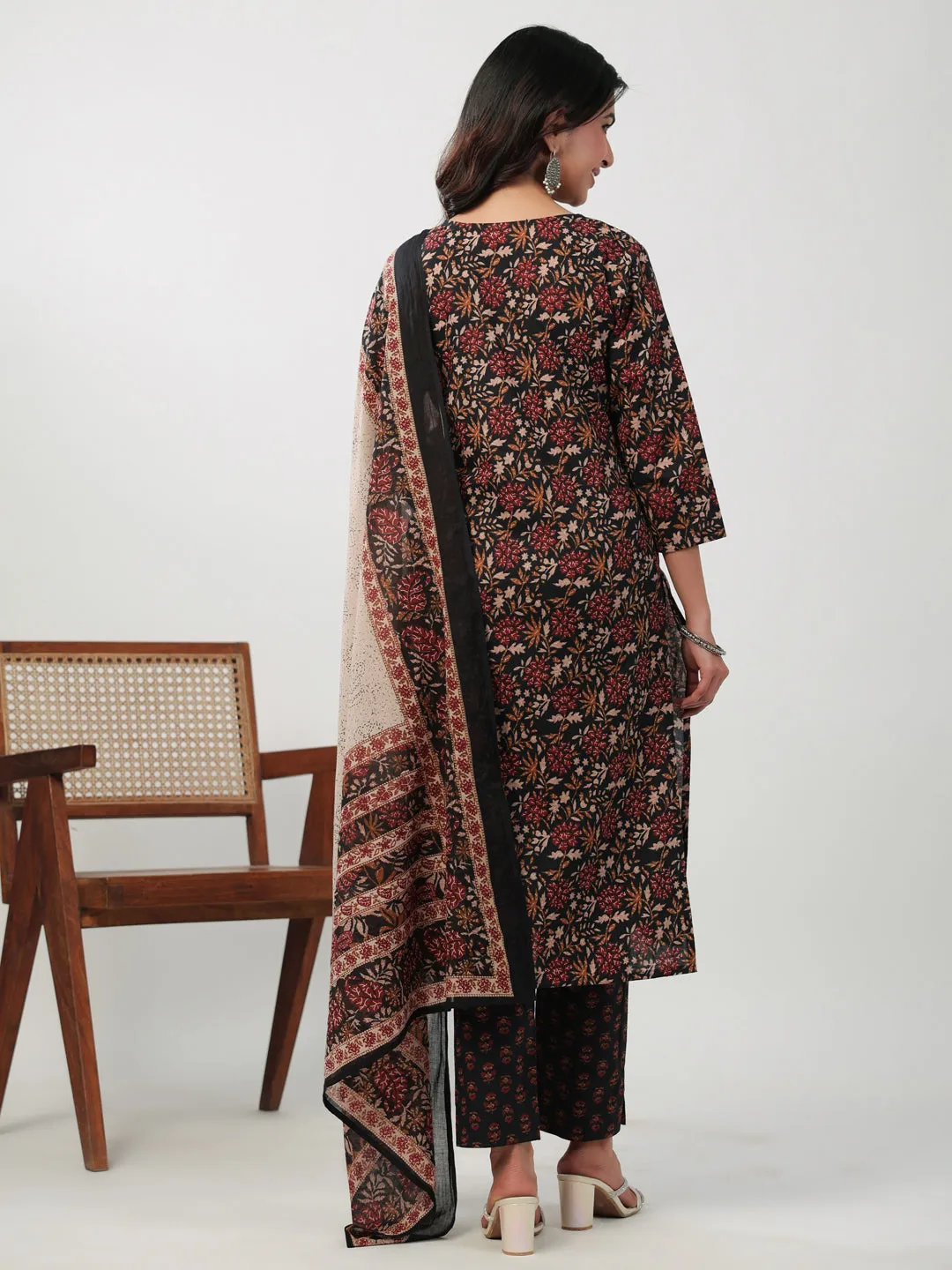 Black Cotton Floral Printed Straight Kurta Set