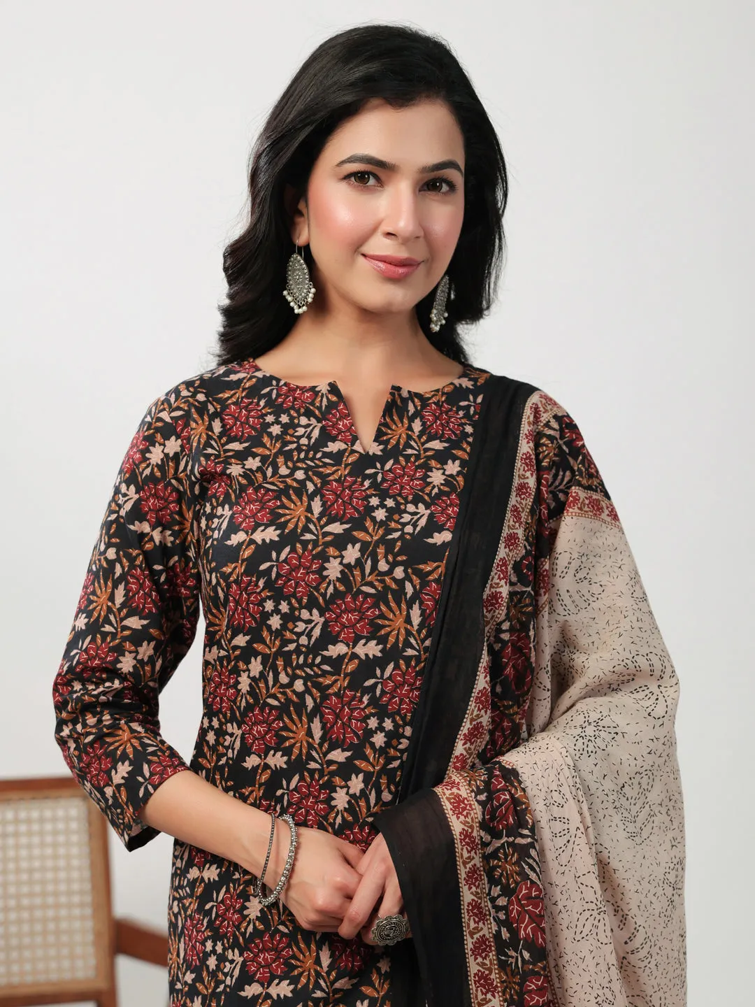 Black Cotton Floral Printed Straight Kurta Set