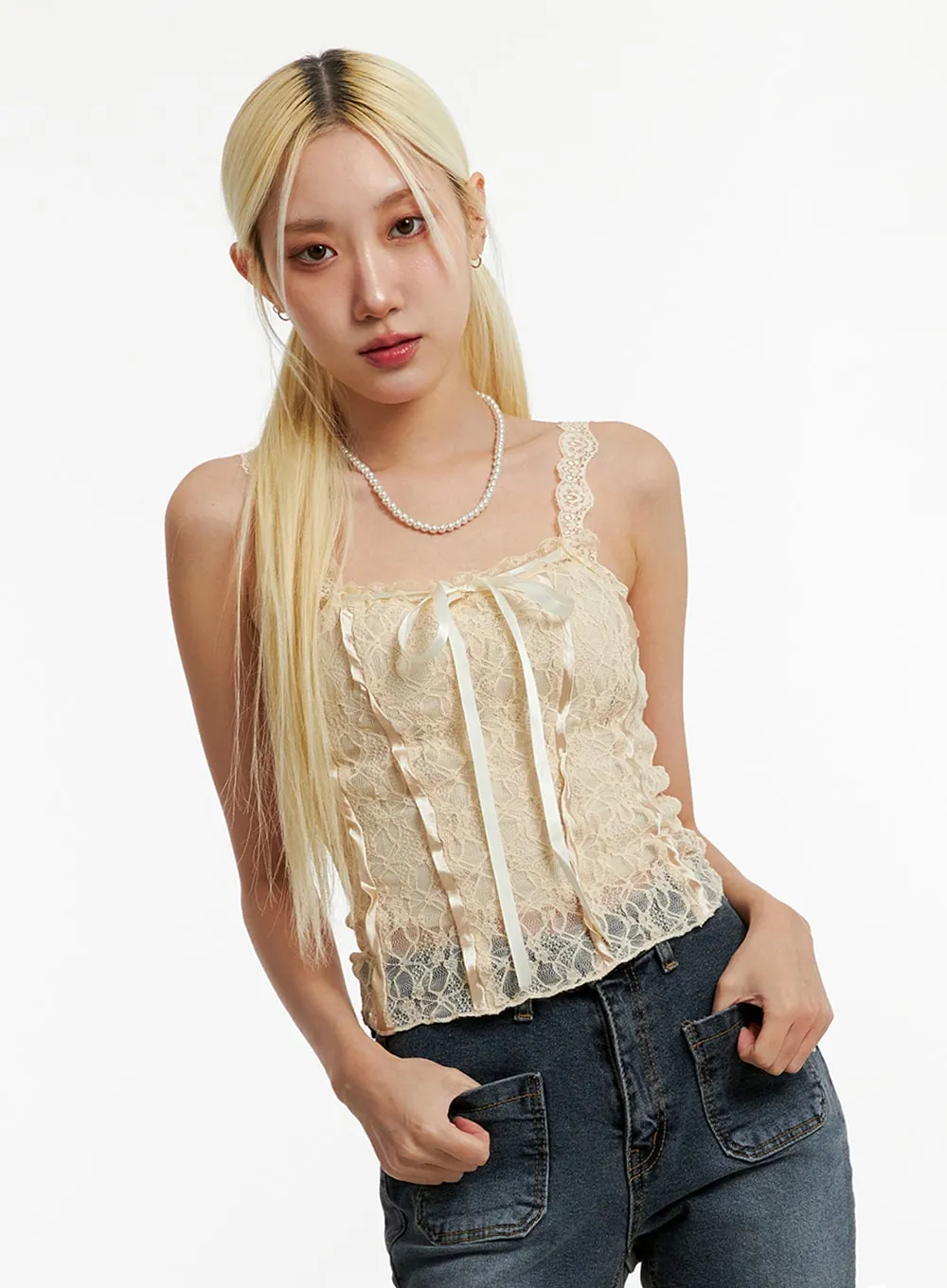 Ribbon Lace Crop Sleeveless Top ID315