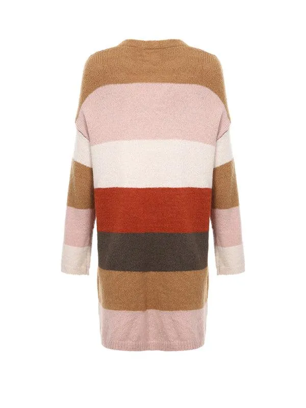 Contrast Striped Long  Women Cardigan Sweater