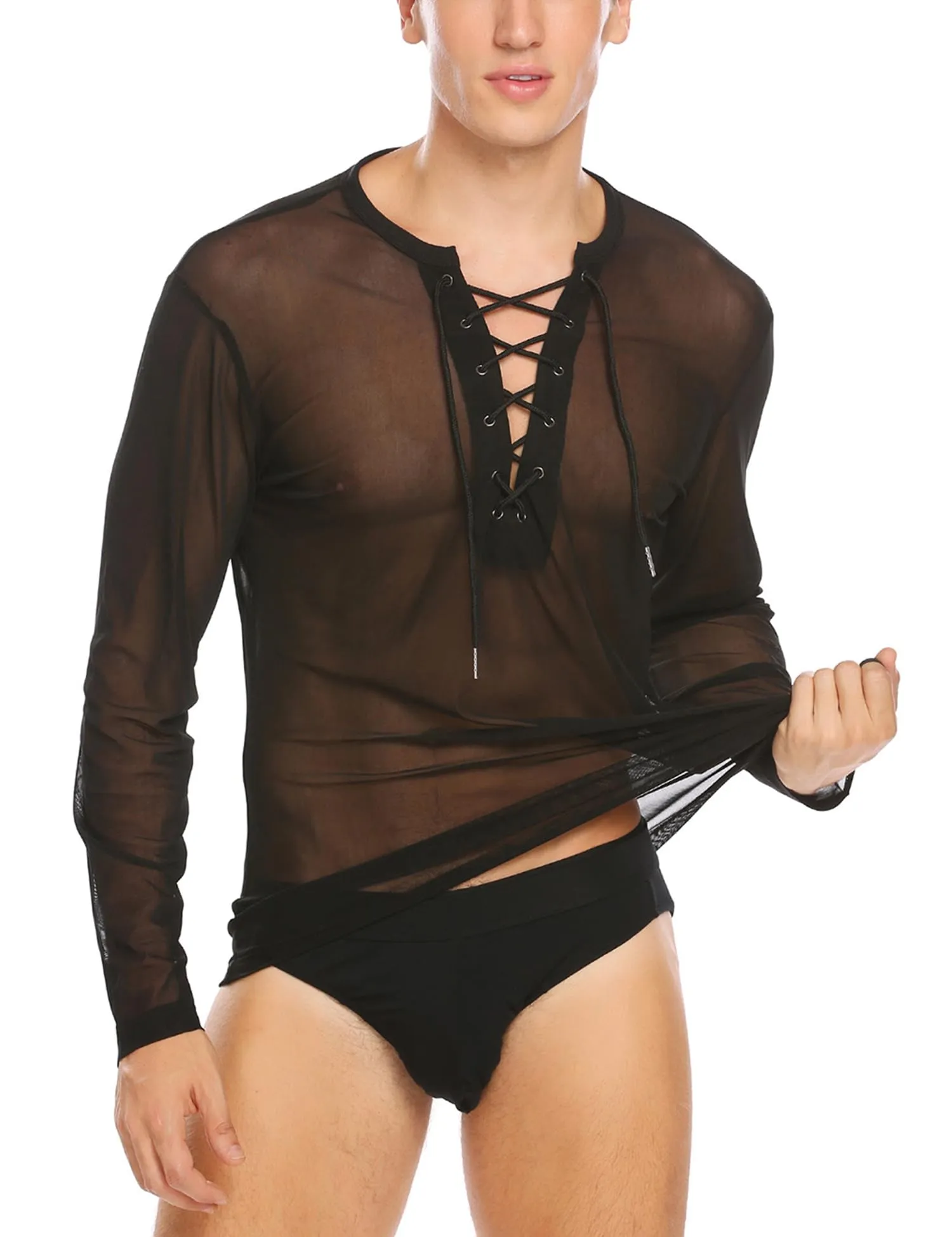 Coofandy Mens Sexy Lace up See Through Long Sleeve T Shirt Mesh Undershirts, Black, Medium