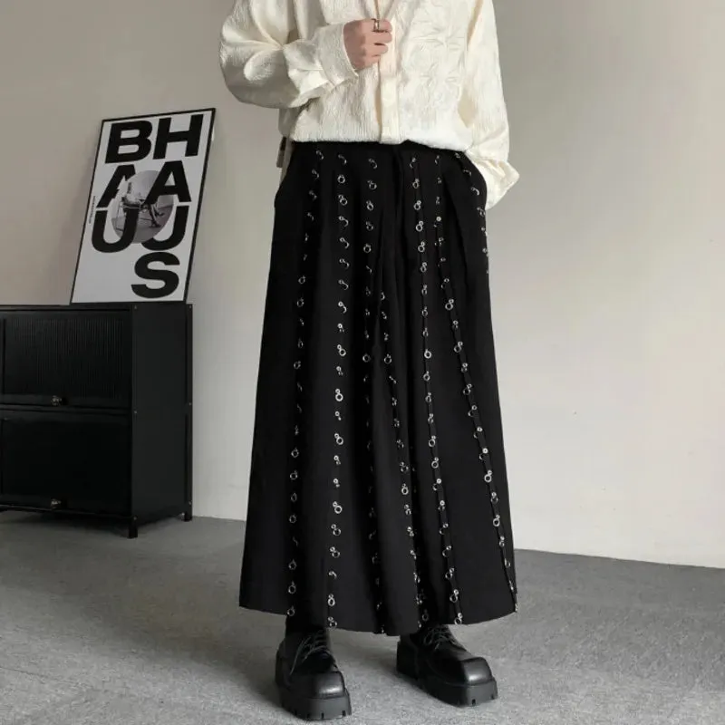 Casual Wide Pants Button Men Metal Patchwork Leg Pants