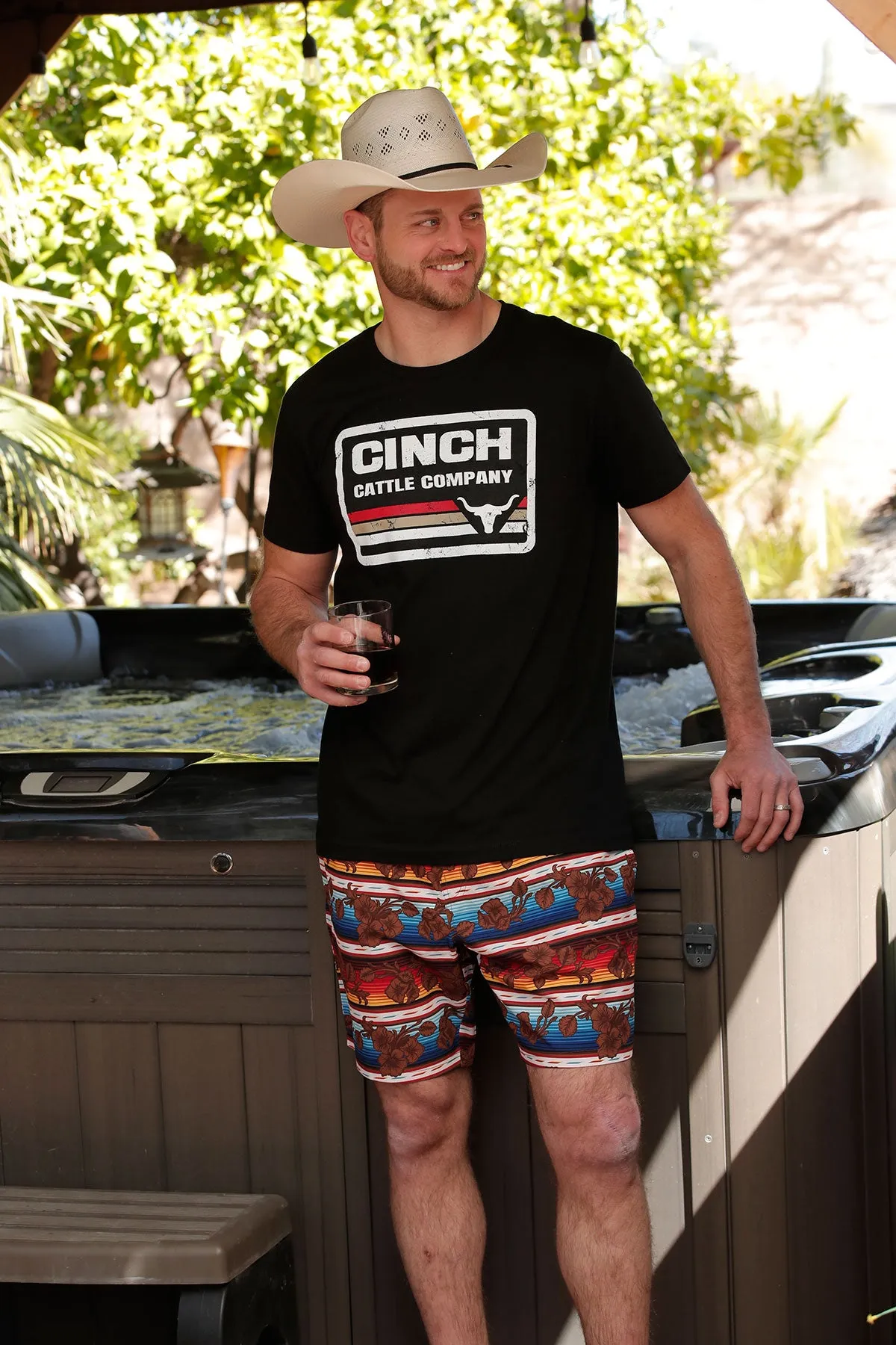 'Cinch' Men's Hawaiian Print Swim Trunks - Brown / Red / Blue