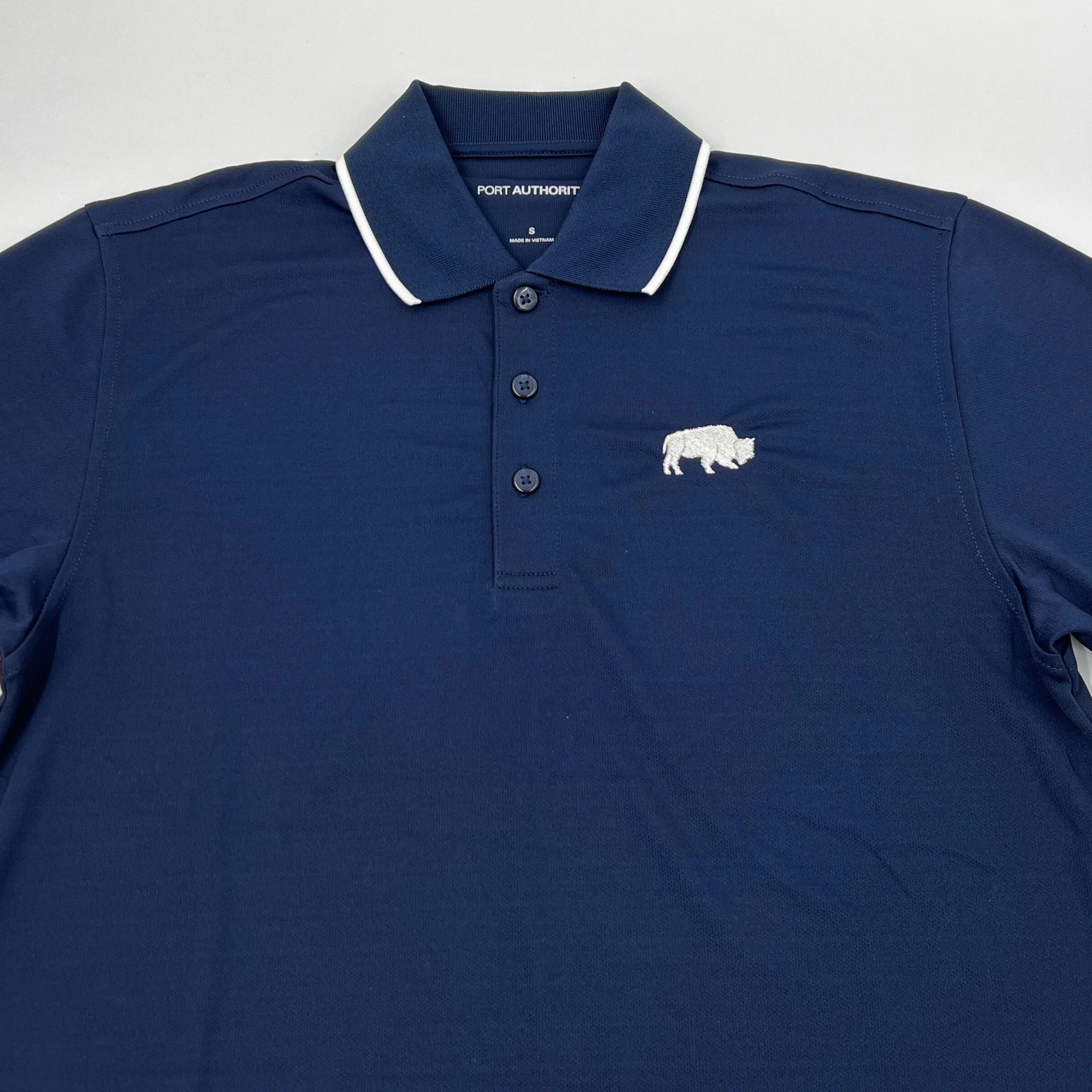 BFLO Navy With Embroidered Buffalo Dry Fit Polo