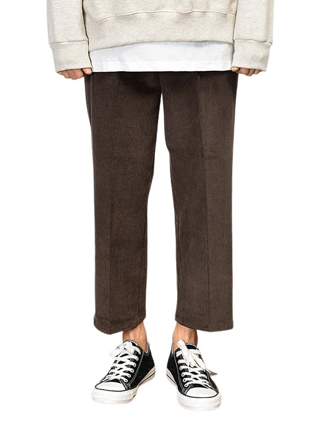 Corduroy Wide Trousers Mens Formal Casual Cropped Pants Korean Guys Kpop Style Waistband