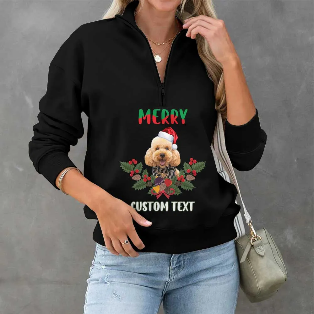 Custom Face&Text Merry Christmas Womens Oversized Sweatshirts Hoodies Half Zip Pullover Fall Fashion Outfits