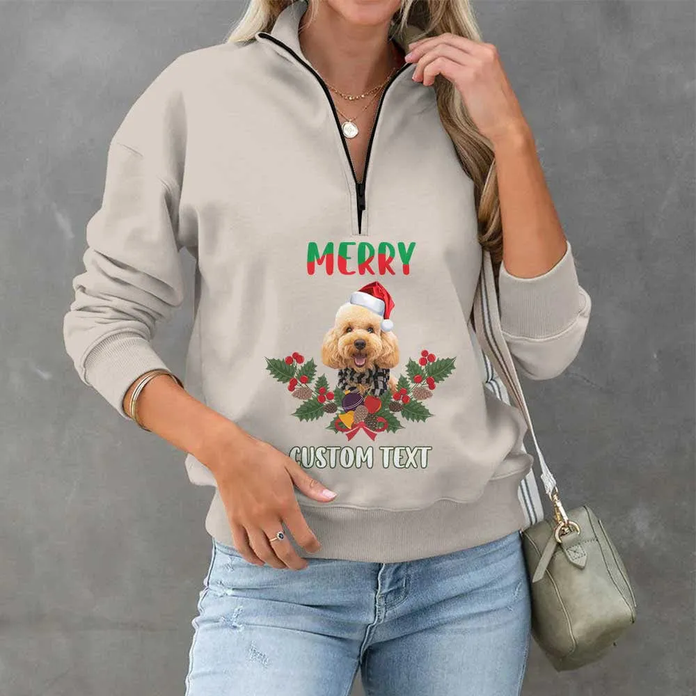 Custom Face&Text Merry Christmas Womens Oversized Sweatshirts Hoodies Half Zip Pullover Fall Fashion Outfits