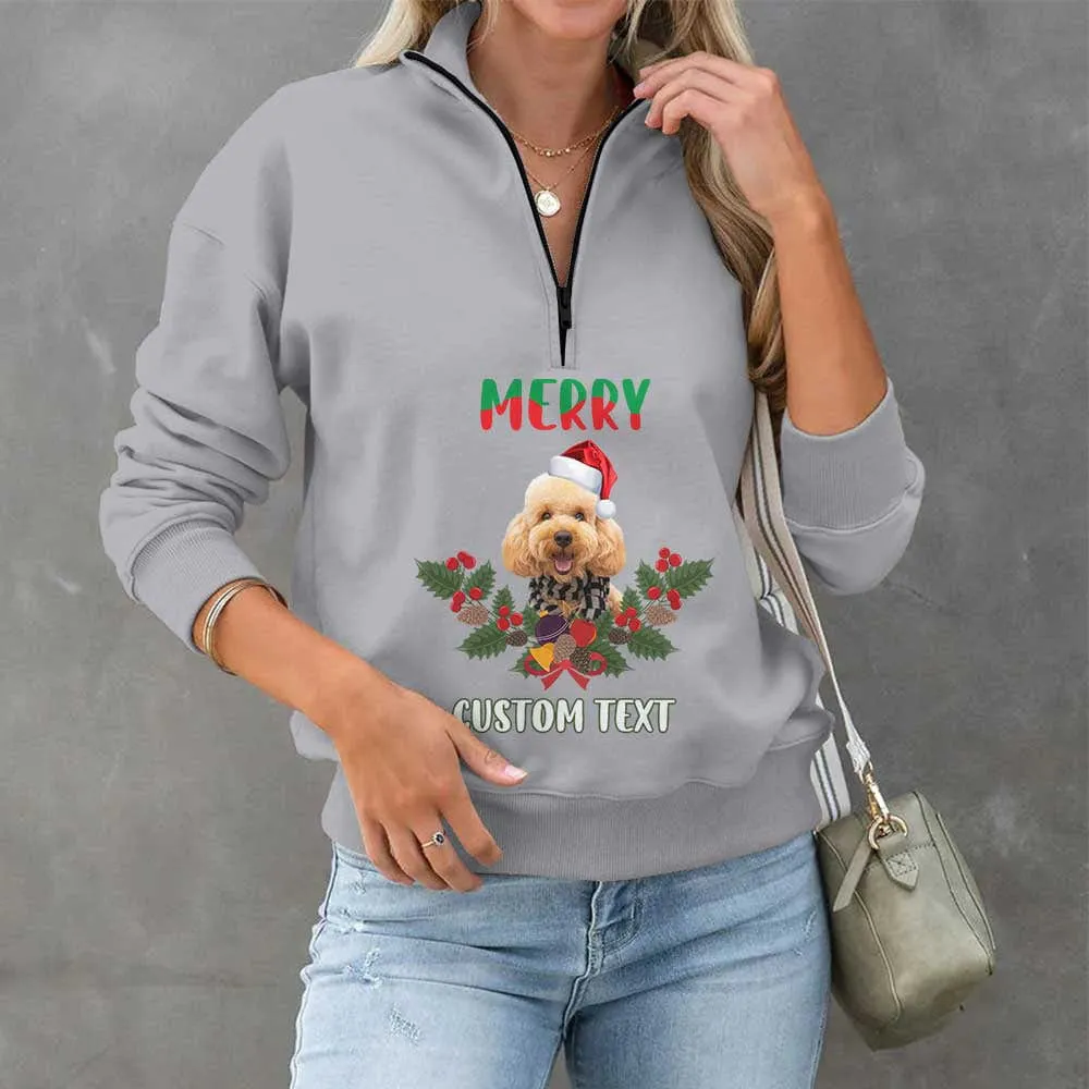 Custom Face&Text Merry Christmas Womens Oversized Sweatshirts Hoodies Half Zip Pullover Fall Fashion Outfits