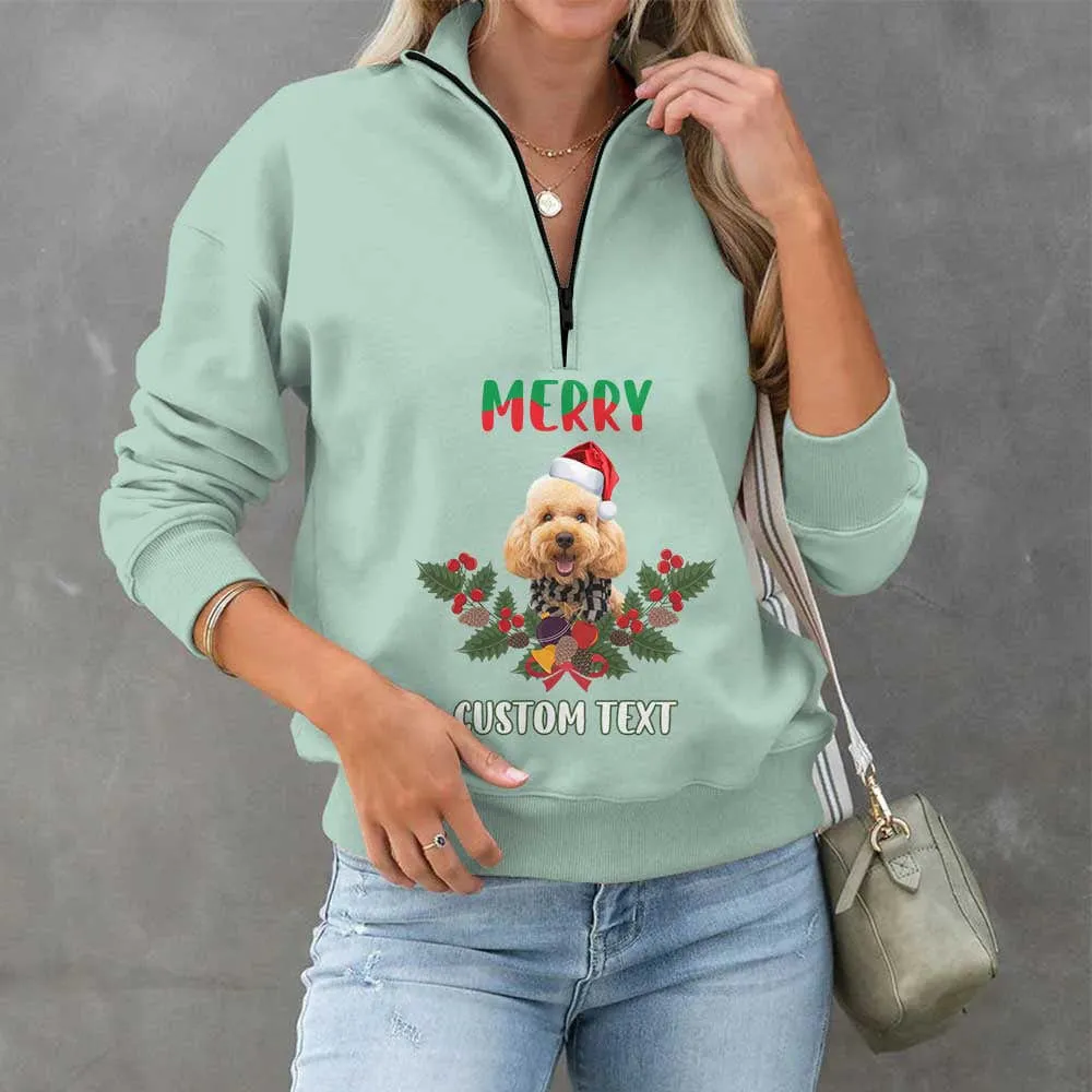 Custom Face&Text Merry Christmas Womens Oversized Sweatshirts Hoodies Half Zip Pullover Fall Fashion Outfits