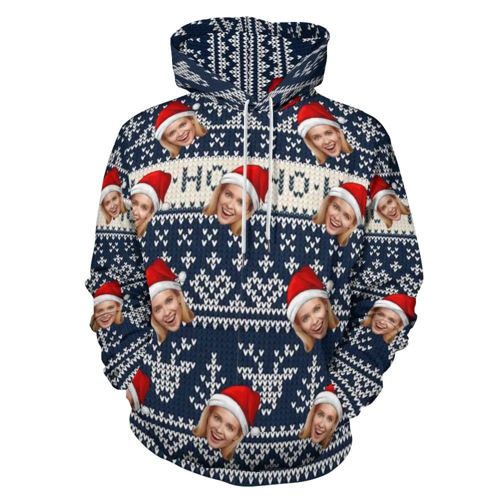 Custom Face Snowflake Ugly Christmas Hat Blue Hoodie Ho Ho Ho Unisex Personalized Loose Hoodie Top Outfits