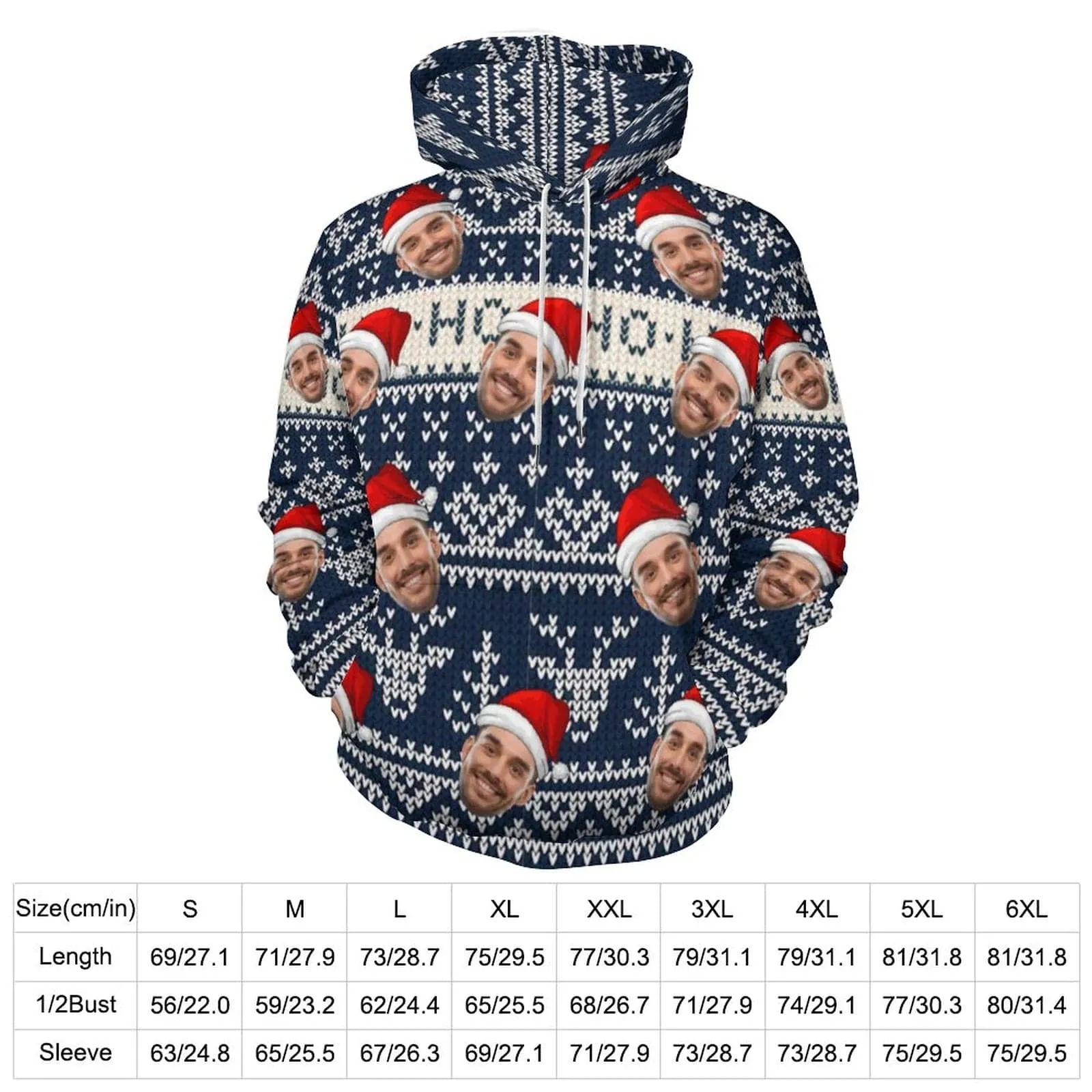 Custom Face Snowflake Ugly Christmas Hat Blue Hoodie Ho Ho Ho Unisex Personalized Loose Hoodie Top Outfits