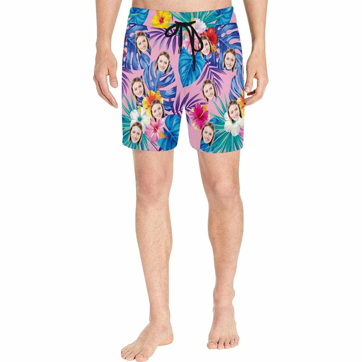 Personalized Swim Trunks Custom Face Pink Flowers Men's Quick Dry Swim Shorts Beach Swimsuit