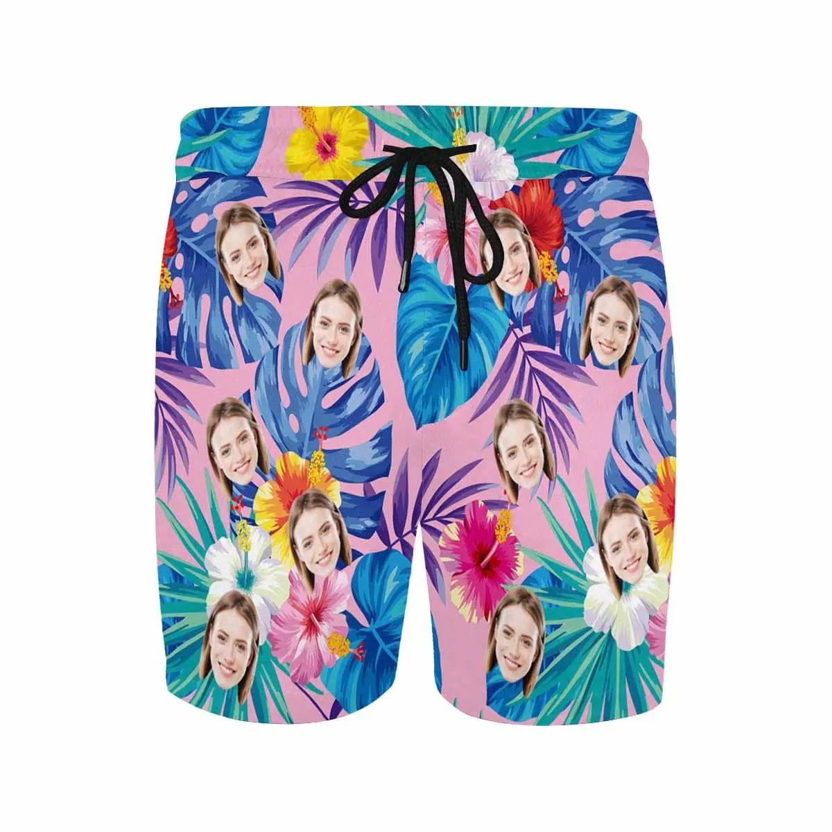 Personalized Swim Trunks Custom Face Pink Flowers Men's Quick Dry Swim Shorts Beach Swimsuit