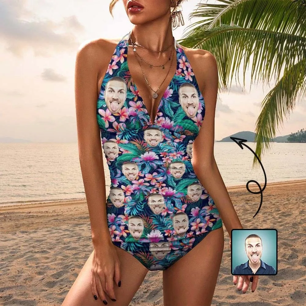 Custom Face Tropical Flower Couple Matching Women's Tankini Sets&Men's Quick Dry 2 in 1 Beach Shorts