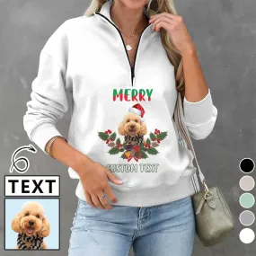 Custom Face&Text Merry Christmas Womens Oversized Sweatshirts Hoodies Half Zip Pullover Fall Fashion Outfits