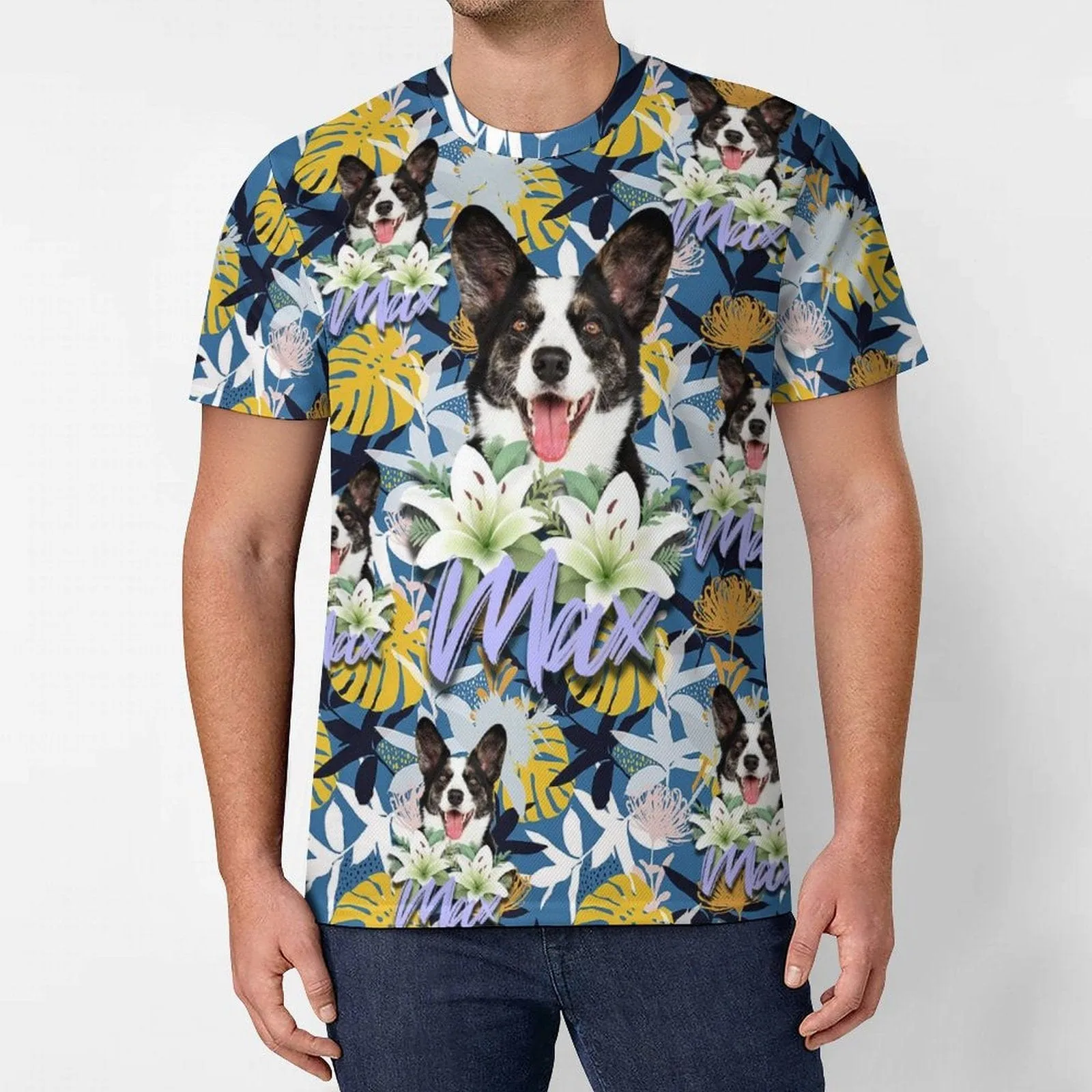 Custom Pet Photo&Name Flowers and Plants Vacation Casual T-Shirt Men's Tops