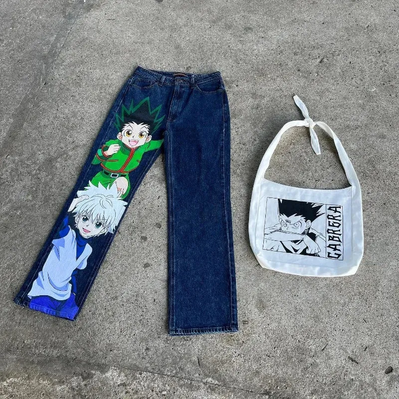 Y2K Hip Hop jeans Harajuku Anime print pattern jeans streetwear men women high waisted biggest ropa aesthetic wide leg trousers