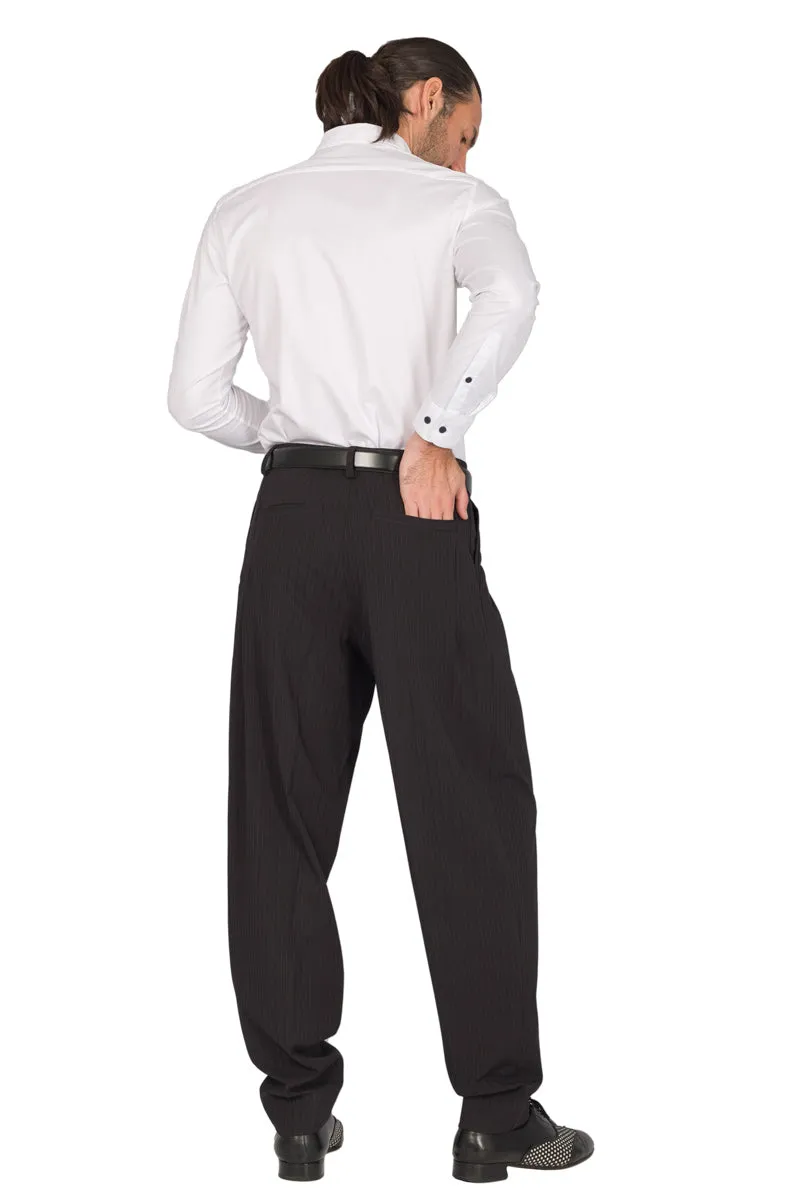 Tapered Black Thin Striped Tango Pants With Two Inverted Pleats