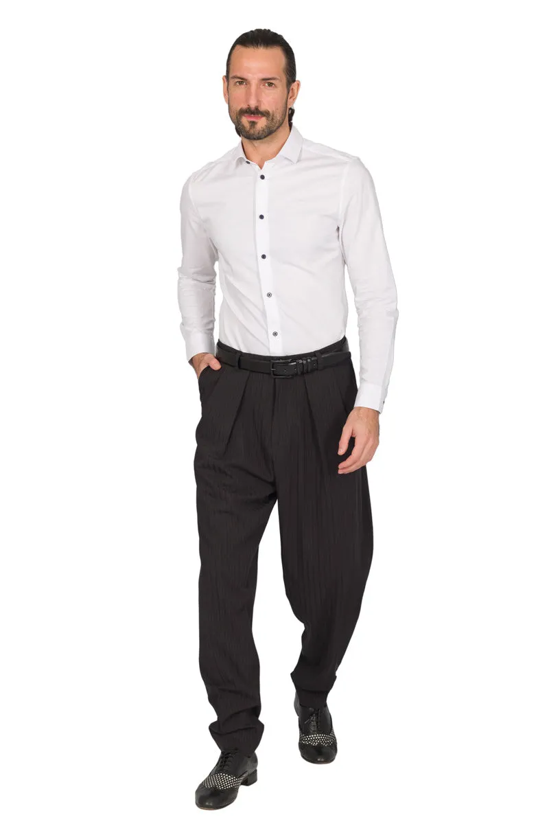 Tapered Black Thin Striped Tango Pants With Two Inverted Pleats