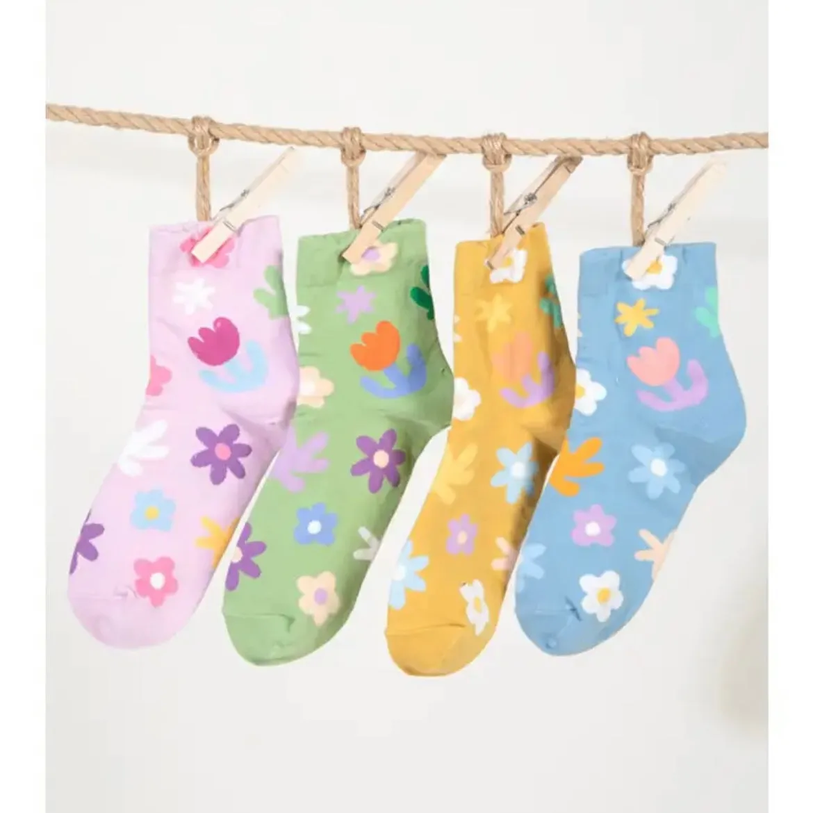 Floral Print Casual Socks - Yellow