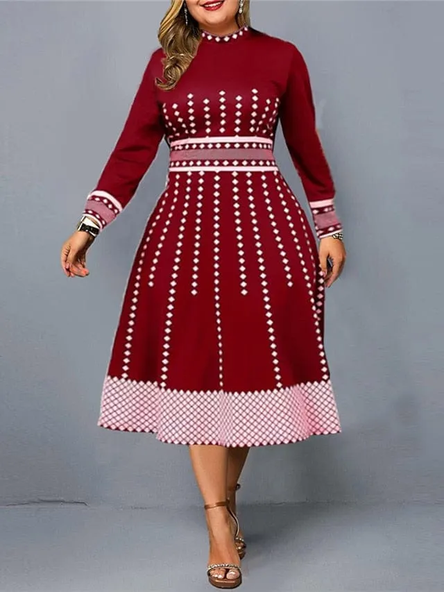 Elegant Geometric Plus Size Long Sleeve Midi Dress