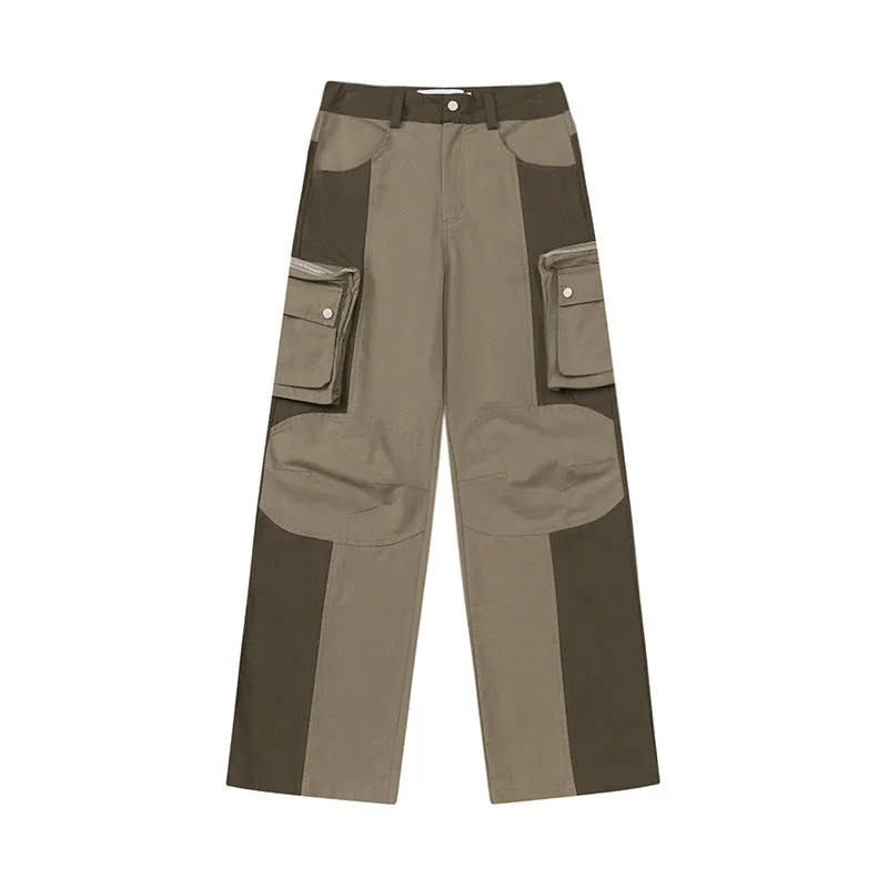 Khaki Color Matching Multi-pocket Wide Leg Denim Jeans for Men