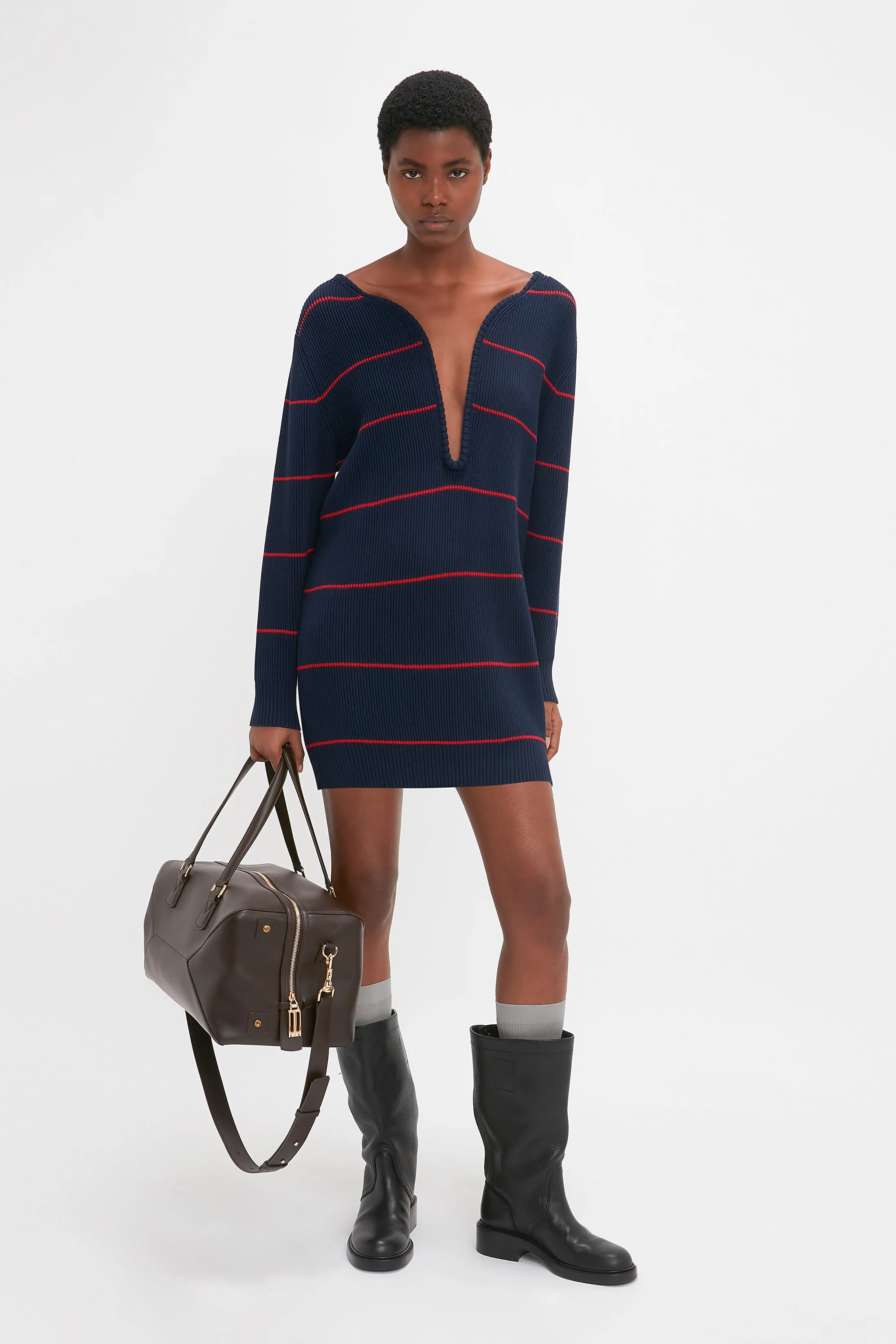 Frame Detail Jumper Dress In Navy-Red