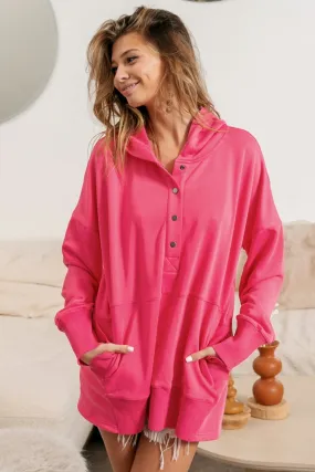 Fuchsia Half Snap Thumbhole Long Sleeve Hoodie