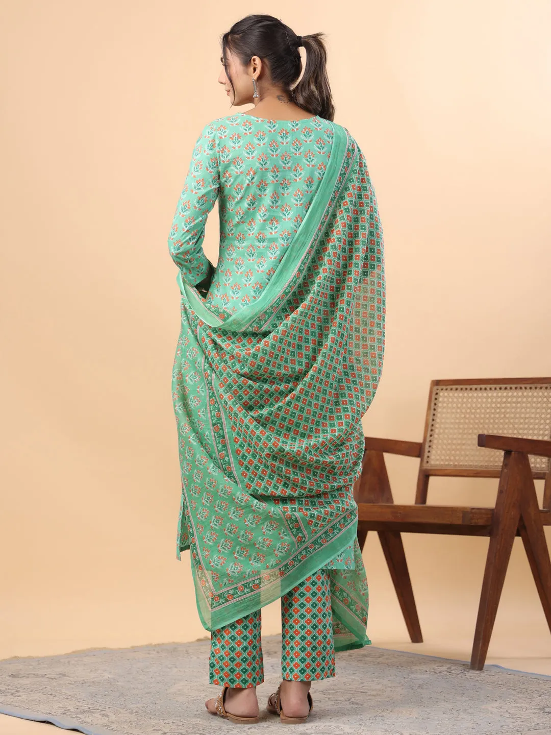 Green Cotton Ethinc Motifs Regular Kurta Set