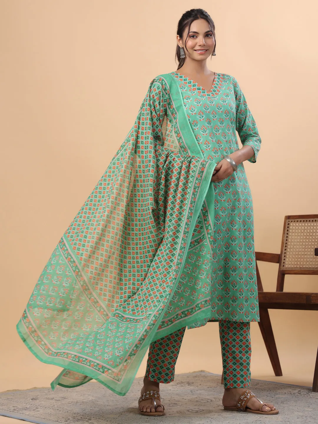 Green Cotton Ethinc Motifs Regular Kurta Set