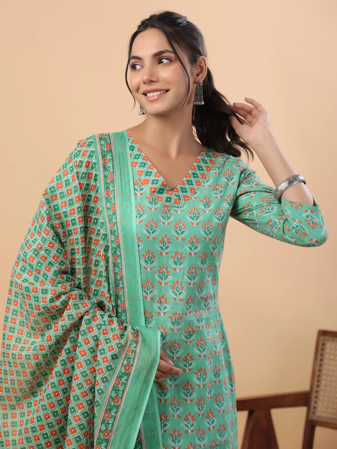 Green Cotton Ethinc Motifs Regular Kurta Set