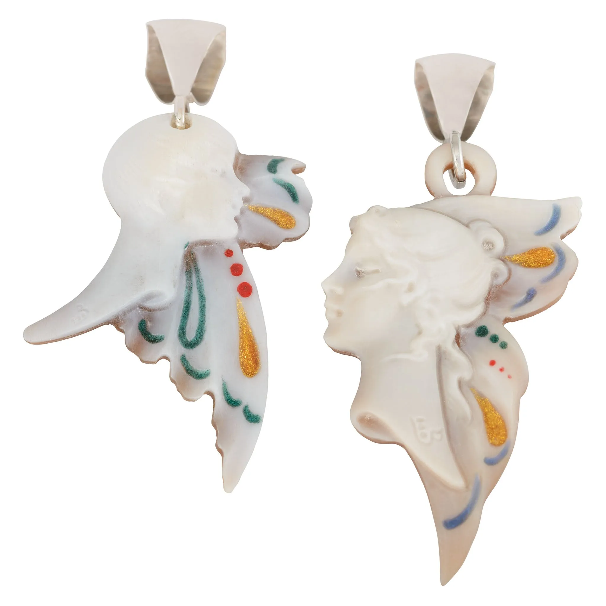 Enamel Carved Cameo Natural Shell Victorian Style Pendant in Sterling Silver