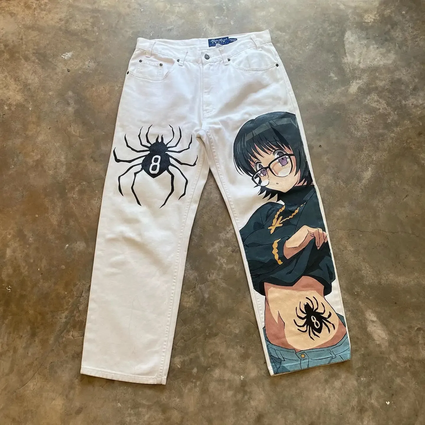 Hip Hop Anime Graphic Baggy Jeans Black Spider Print Jeans New Harajuku Denim Y2k Pants Men Women Goth High Waist Wide Trousers